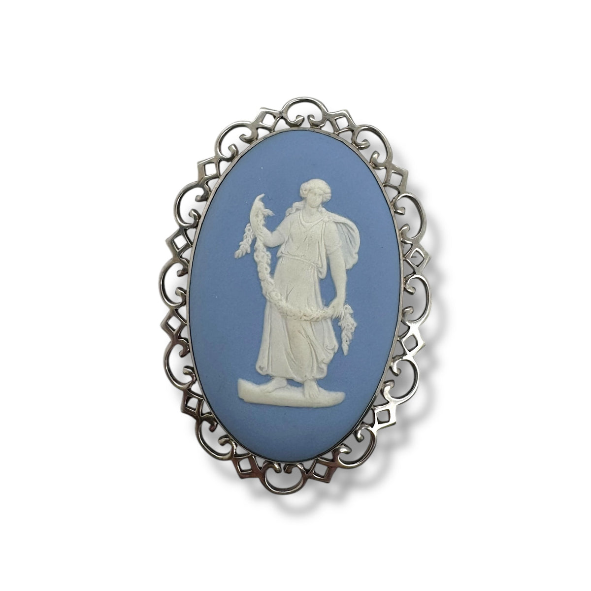 Broche Art Nouveau – Plastique Bleu Et Blanc – Métal Argenté – Vintage
