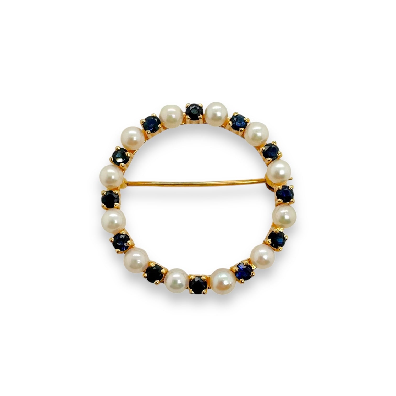 14k Gold Pearl & Sapphire Circle Pin