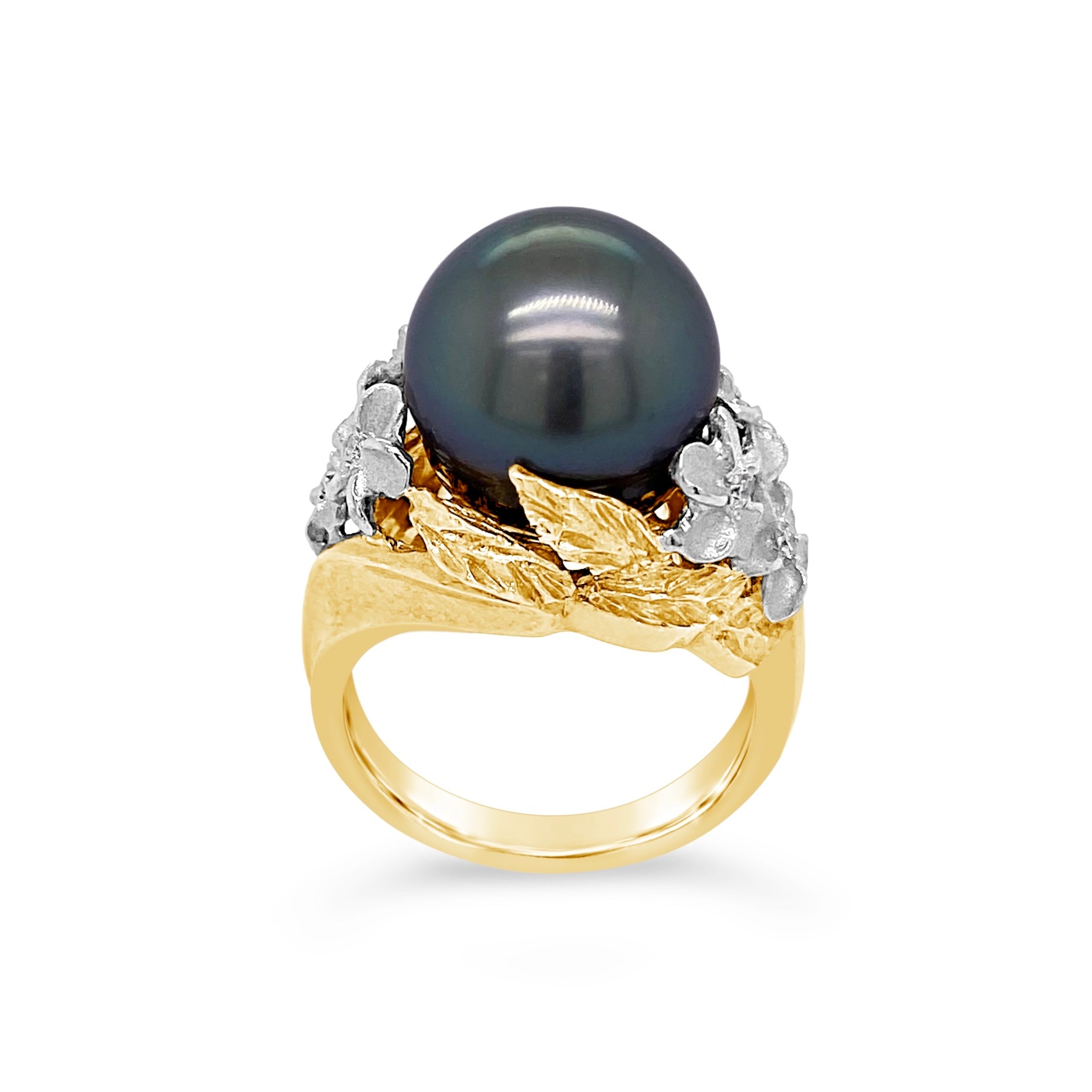 Tahitian Black Pearl Diamond Pave Solid 14KG Cocktail Ring